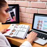 **Makeup Course Research**: Create an image depicting a person researching various makeup training institutes. The scene should include a laptop with curriculum pages open, notes scattered around, and a coffee cup. The background can feature a wall with makeup artistry photos and awards.