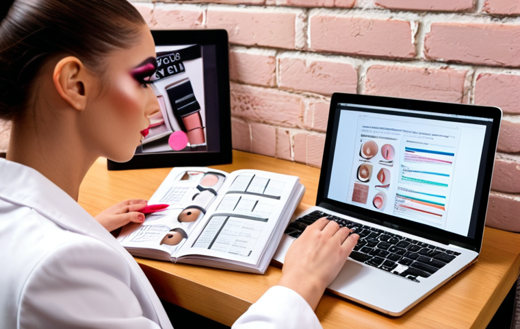 **Makeup Course Research**: Create an image depicting a person researching various makeup training institutes. The scene should include a laptop with curriculum pages open, notes scattered around, and a coffee cup. The background can feature a wall with makeup artistry photos and awards.