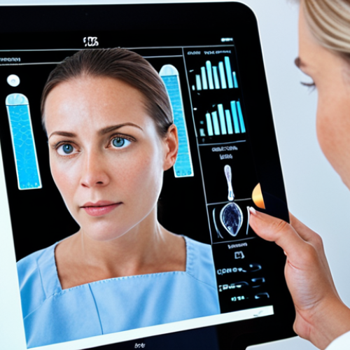 Home 8 A close-up of a modern, high-tech skin analysis session in a professional, minimalist Dutch clinic. A sophisticated skin scanner or device illuminates a client's face, projecting a detailed, data-rich digital overlay (showing texture, pigmentation, or hydration levels) onto a nearby screen or tablet. A female skin expert, dressed in a clean uniform, is observing the data with a focused, knowledgeable expression, subtly interacting with the client or the device. The atmosphere is precise, innovative, and deeply personalized, emphasizing AI-driven diagnostics for bespoke treatments.