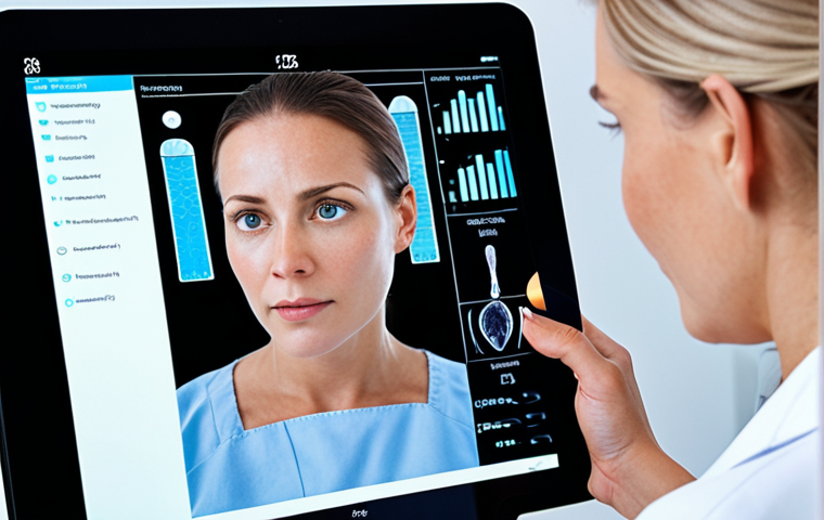 A close-up of a modern, high-tech skin analysis session in a professional, minimalist Dutch clinic. A sophisticated skin scanner or device illuminates a client's face, projecting a detailed, data-rich digital overlay (showing texture, pigmentation, or hydration levels) onto a nearby screen or tablet. A female skin expert, dressed in a clean uniform, is observing the data with a focused, knowledgeable expression, subtly interacting with the client or the device. The atmosphere is precise, innovative, and deeply personalized, emphasizing AI-driven diagnostics for bespoke treatments.